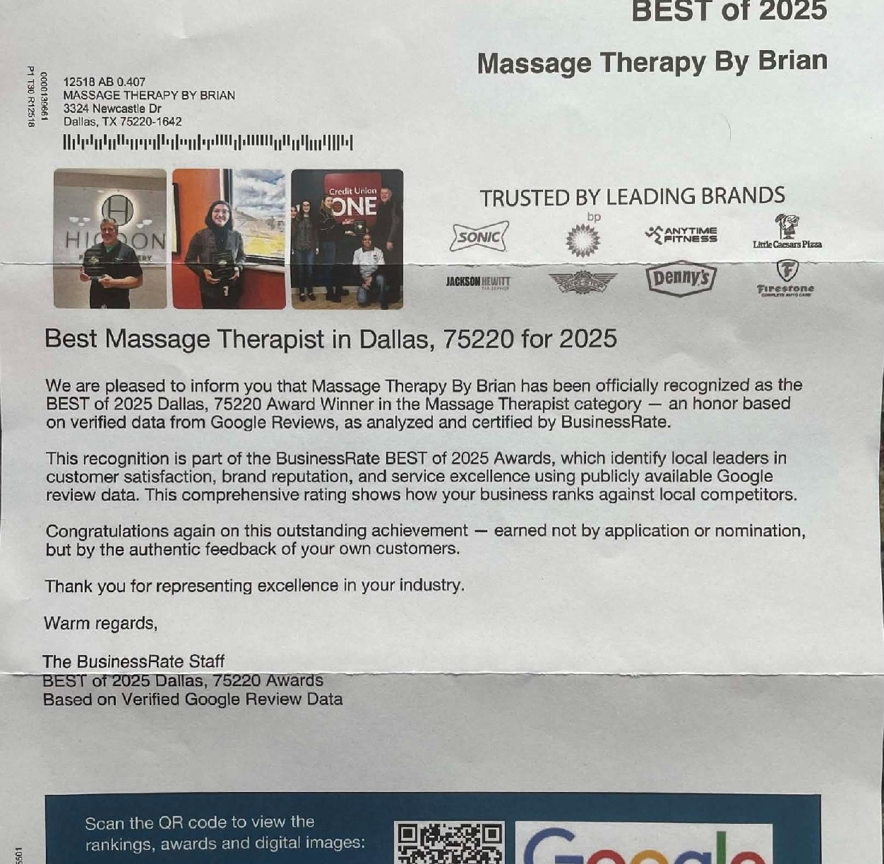 Massage Therapy by Brian Best of 2025 award